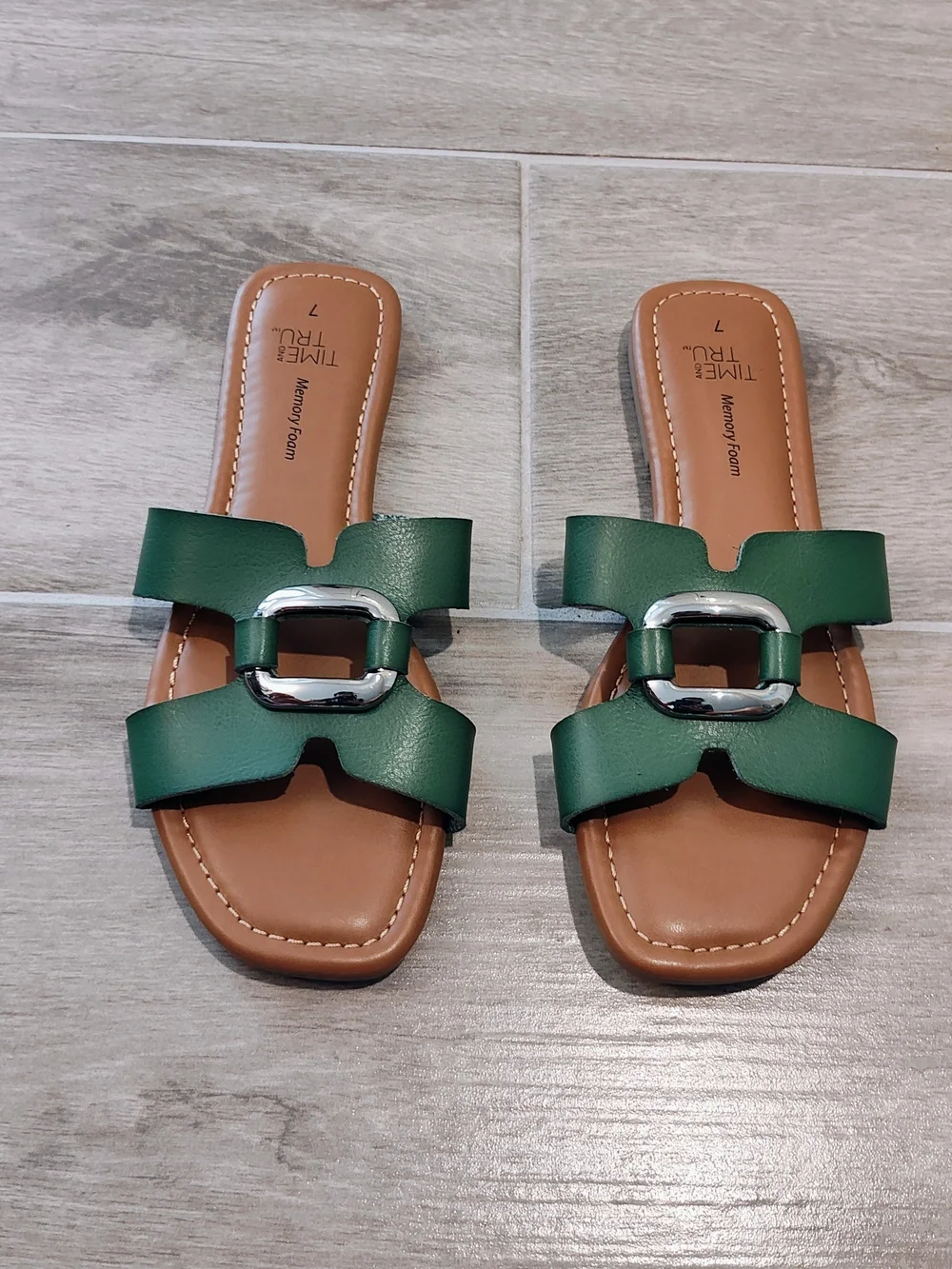 Time and Tru Green Slide Sandals with Silver Buckle Accent